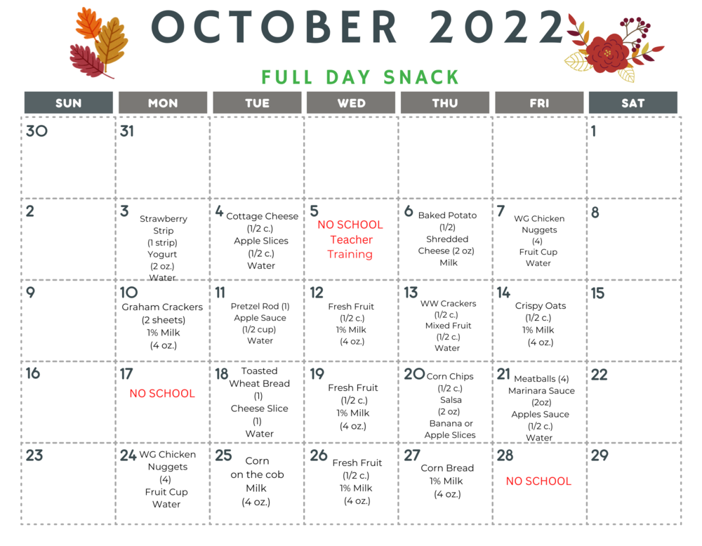 October FULL Day Snack Calendar