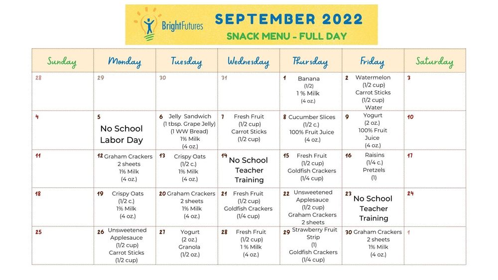 September Snack Calendars | Bright Futures Preschool