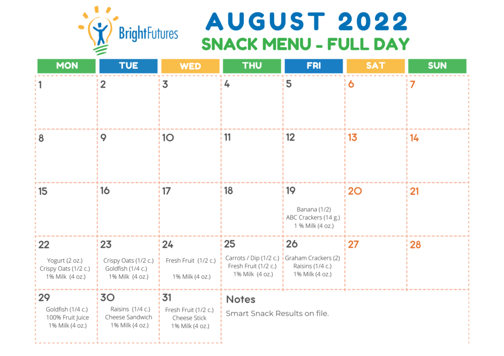 August Full Day Snack Calendar