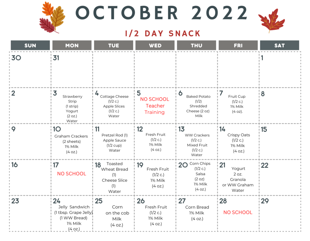 October 1/2 Day Snack Calendar