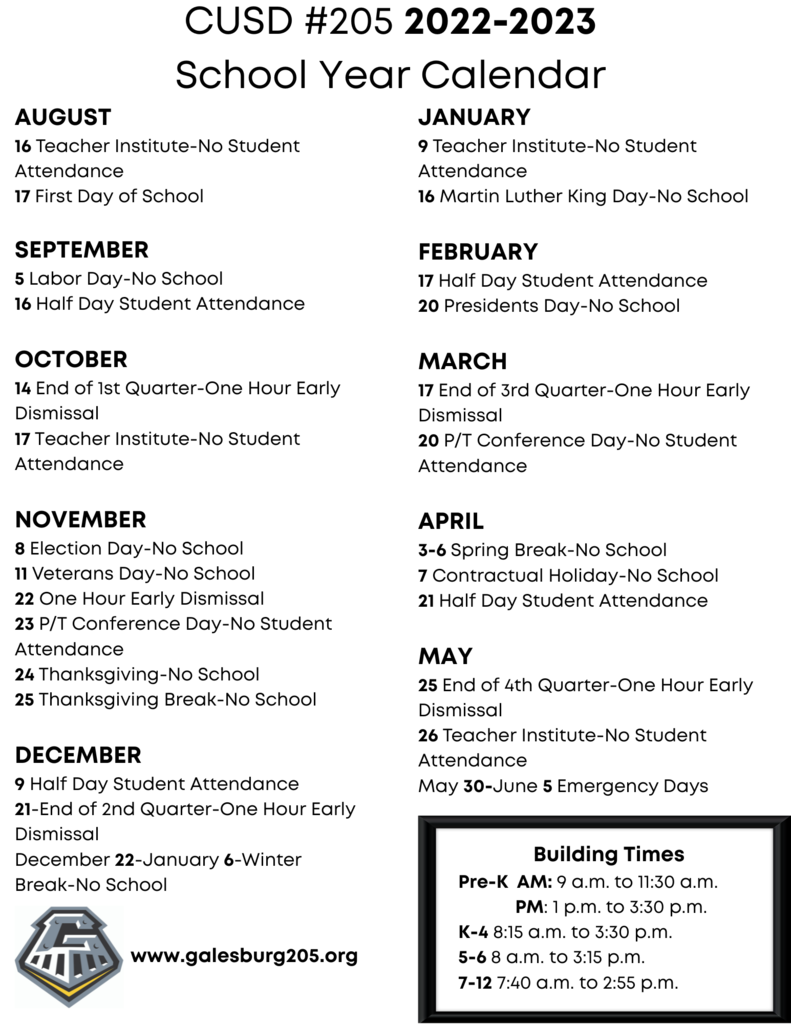 School Calendar and Building Times 